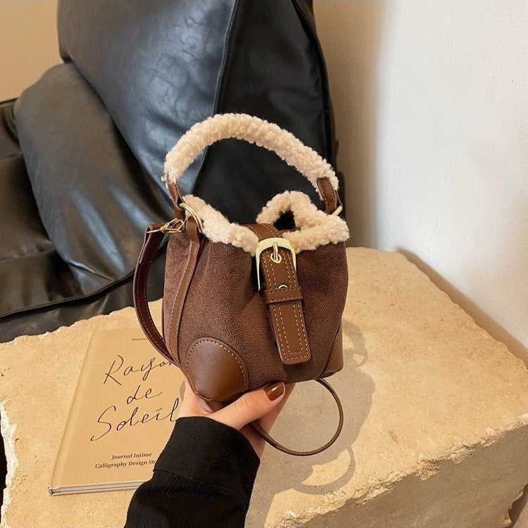 Shamew crossbody casual retro plush ladies handbag with versatile design, featuring soft plush material and stylish accessories.