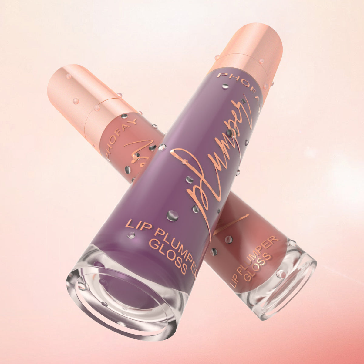 Two lip plump glosses with a pink gradient background