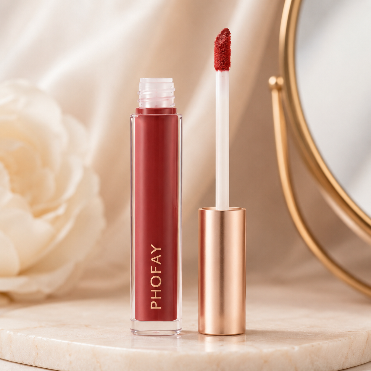 Lip gloss with applicator on a marble surface with a blurred rose and mirror in the background