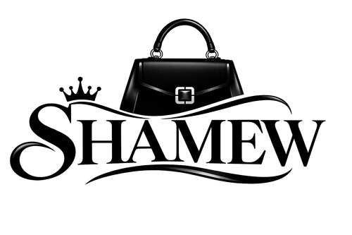 A black handbag graphic above stylized text reading 'SHAMEW' with a small crown above the S, on a plain white background.