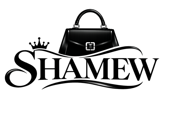 A black handbag graphic above stylized text reading 'SHAMEW' with a small crown above the S, on a plain white background.
